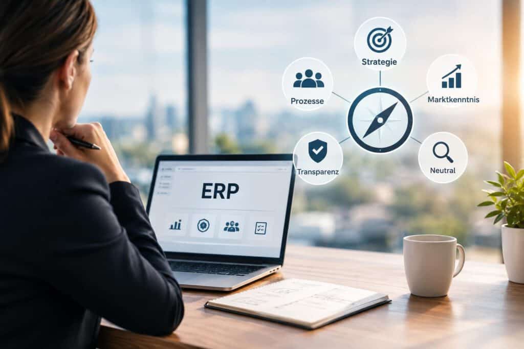Eine Geschäftsfrau am Laptop plant die ERP-Beratung unabhängig mithilfe eines strategischen Kompasses.
