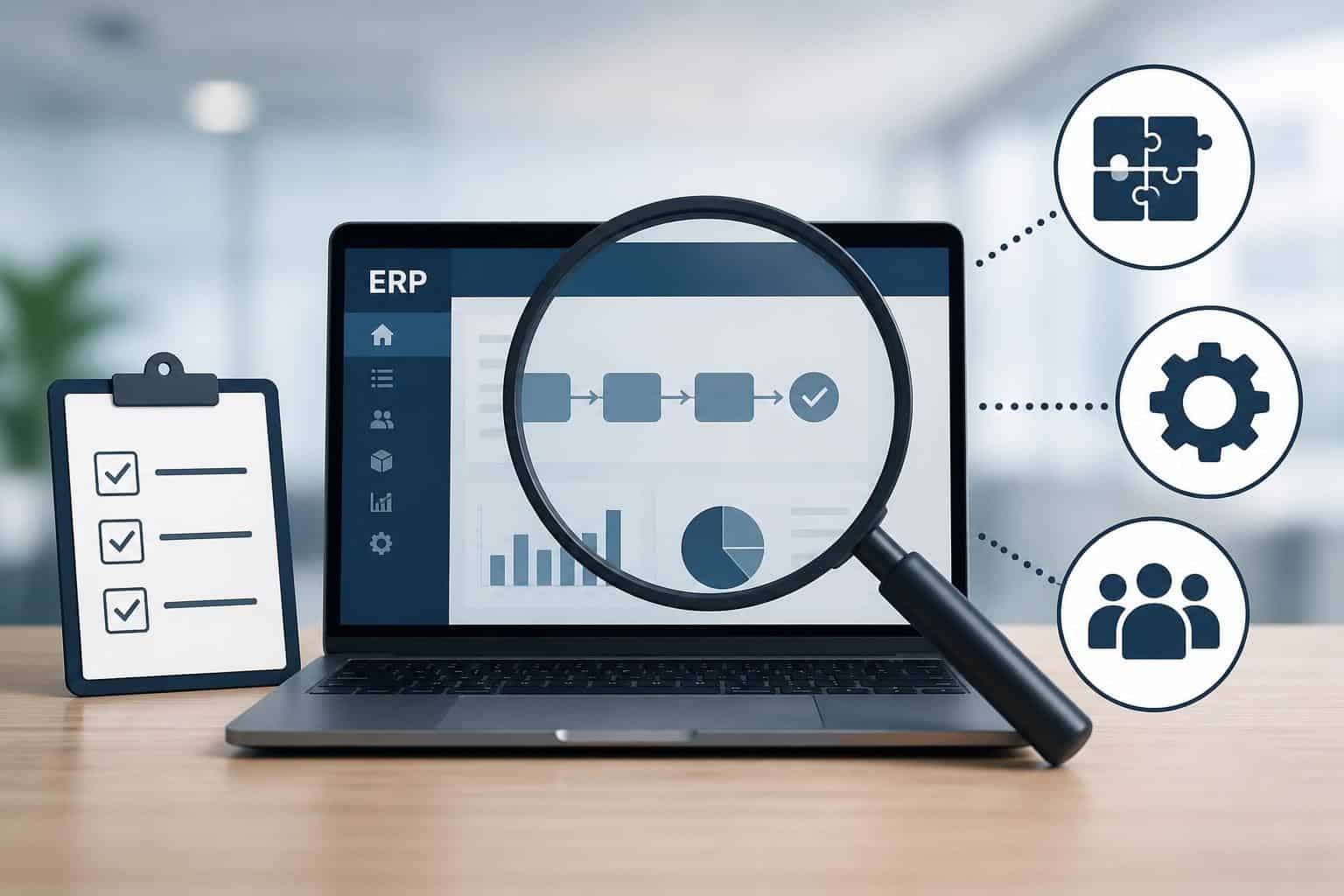 Laptop mit Lupe auf einem Prozessablauf und Checkliste, um gezielt eine ERP-Demo bewerten zu können.